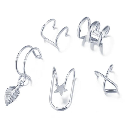 5Pcs/Set Stainless Steel C Shape Cross Clip Ear Cuffs Leaf Ear Clip Earrings for Women No Piercing Fake Cartilage Earring