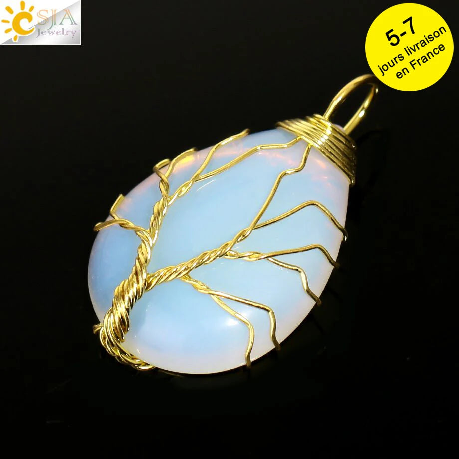 Tiger Eye Tree of Life Crystal Necklace Natural Stone Pendant Wire Wrap Rose Crystals Pink Quartz Amethyst Green Aventurine E585
