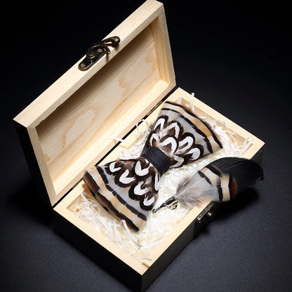 KAMBERFT Design Handmade Feather Bow Tie Brooch Wooden Box Set High Quality Men's Bowtie Leather Tie for Wedding Party Banquet