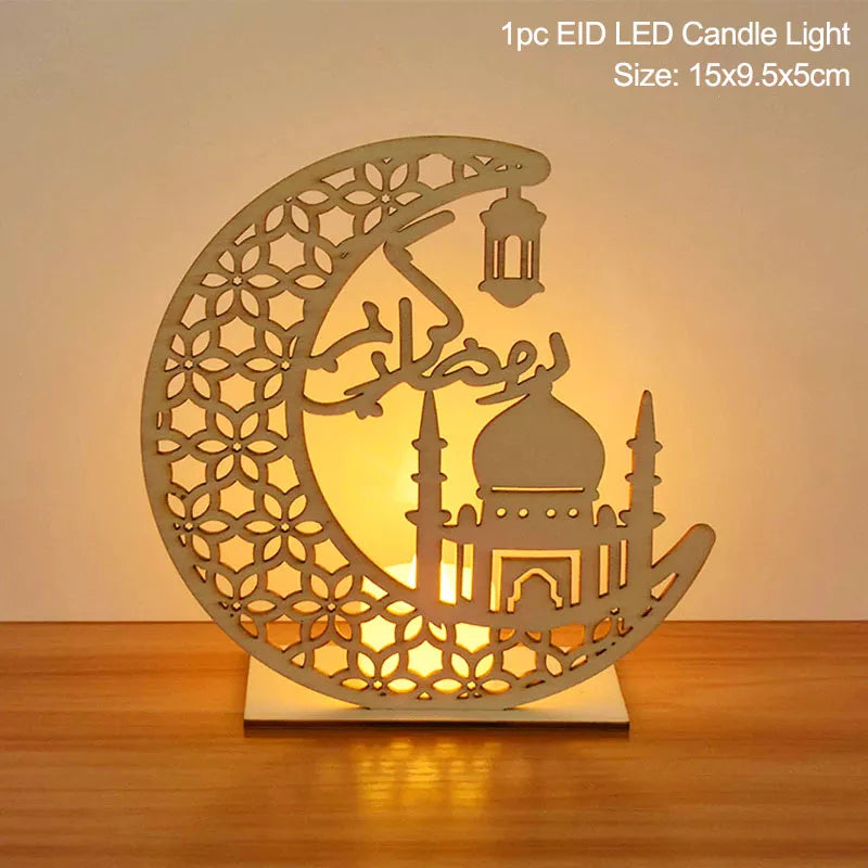 EID Mubarak Wooden Pendant With LED Candles Light Ramadan Decorations for Home Islamic Muslim Party Eid Decor Kareem Ramadan