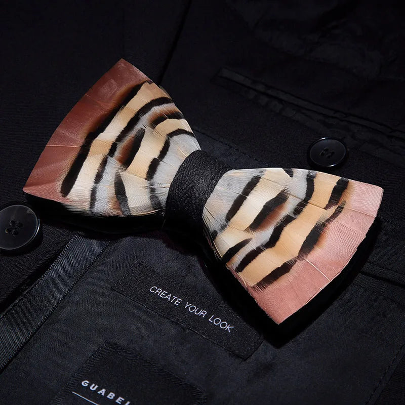 KAMBERFT Designer Brand Handmade Feather and Leather Pre-Tied Bow Tie and Brooch Sets for Men Wedding Party Best Cravate