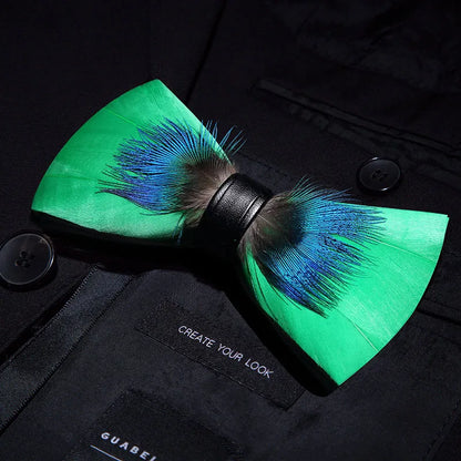 KAMBERFT Designer Brand Handmade Feather and Leather Pre-Tied Bow Tie and Brooch Sets for Men Wedding Party Best Cravate