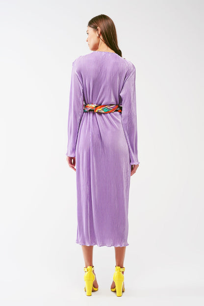 Satin Wrap Detail Pleated Dress in Lilac
