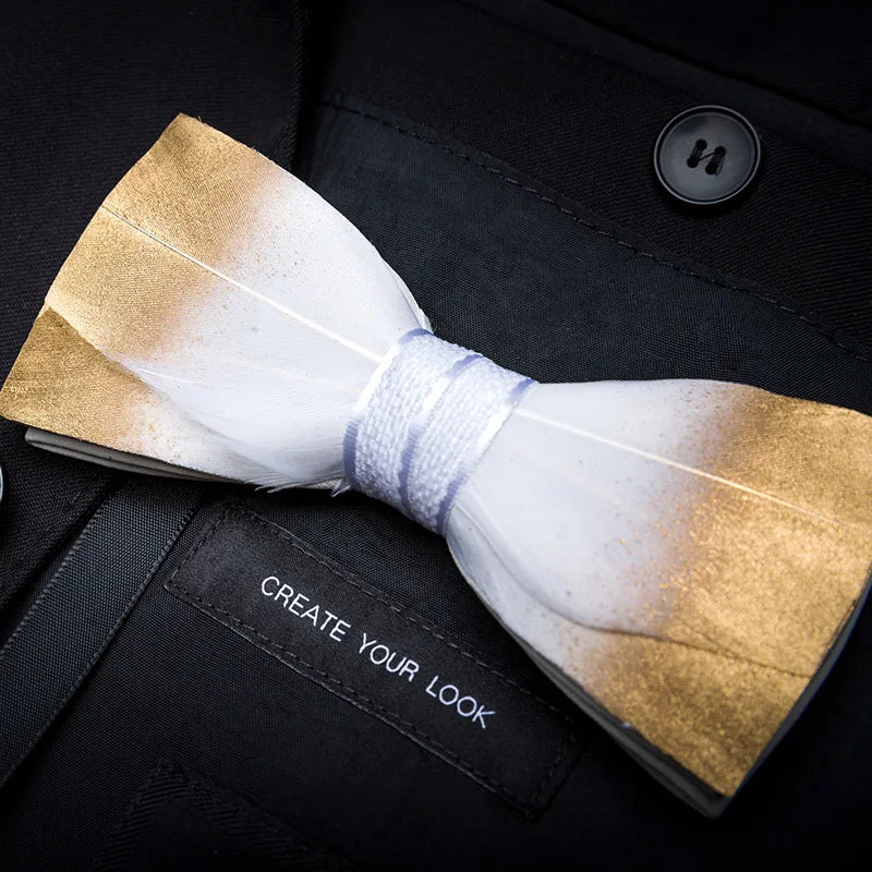 KAMBERFT Designer Brand Handmade Feather and Leather Pre-Tied Bow Tie and Brooch Sets for Men Wedding Party Best Cravate
