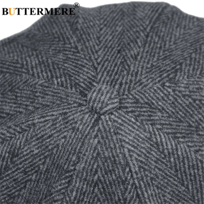 BUTTERMERE Newsboys Beret Herringbone Men Flat Caps Wool Casual Winter Tweed Female England Style Classic Octagonal Hats and Cap