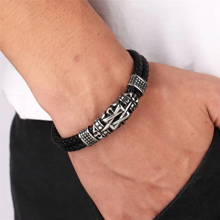 XQNI Punk Style Ancient Architecture Totem Elegant Small Adorn Article Leather Bracelet Double Layer Hand Jewelry