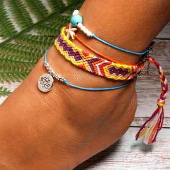 MOON GIRL Handmade Weave Bobo Lotus Anklet Set Fashion Starfish 4 Pieces Bohemian Chic Summer Bracelet Ankle for Women
