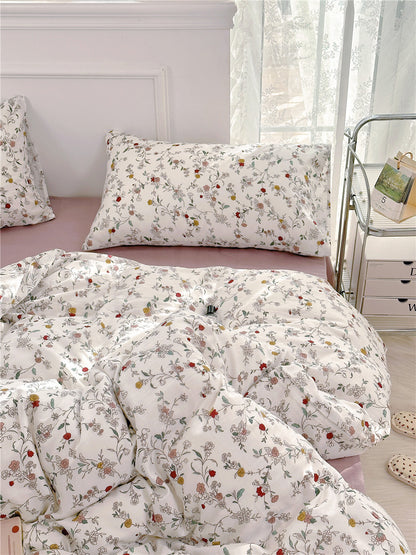 Double Layer Cotton Bedding Set Infant Class Softness Floral Design Duvet Cover Bed Sheet Pillowcases 4 Pieces Bedding Set