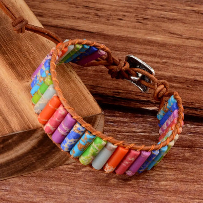7 MultiColor Chakra Natural Stone Bracelet Bohemia Handmade Tube Beads Leather Wrap Bracelet Yoga Bracelets for Woman