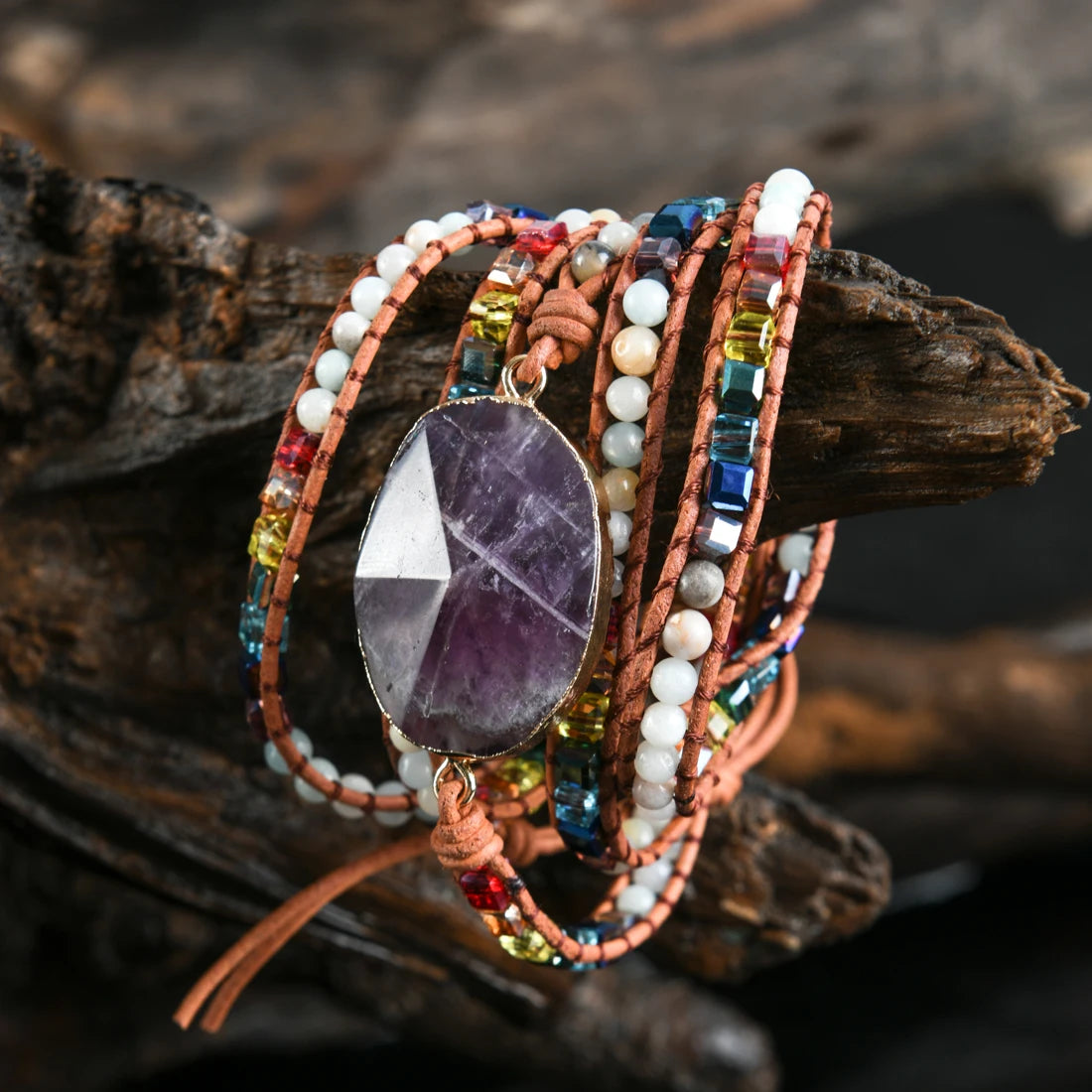 Newest Unique Chakra Natural Stones Charm 5 Strands Wrap Bracelets Handmade Boho Bracelet Women Leather Bracelet