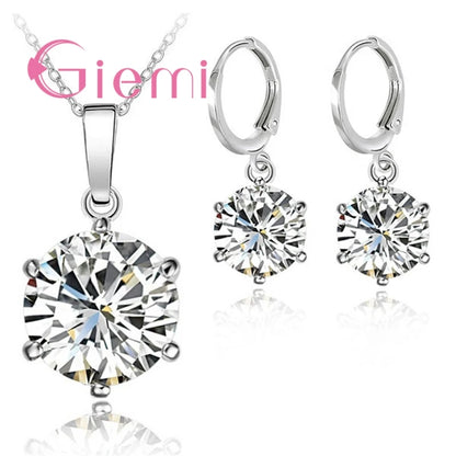 925 Sterling Silver Necklace Women Holiday Wedding Jewelry 6 Claw Cubic Zircon Pendant Engagement