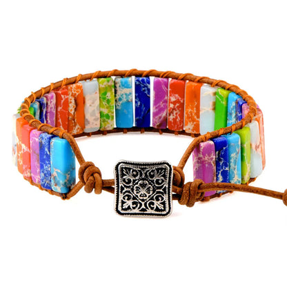 7 MultiColor Chakra Natural Stone Bracelet Bohemia Handmade Tube Beads Leather Wrap Bracelet Yoga Bracelets for Woman