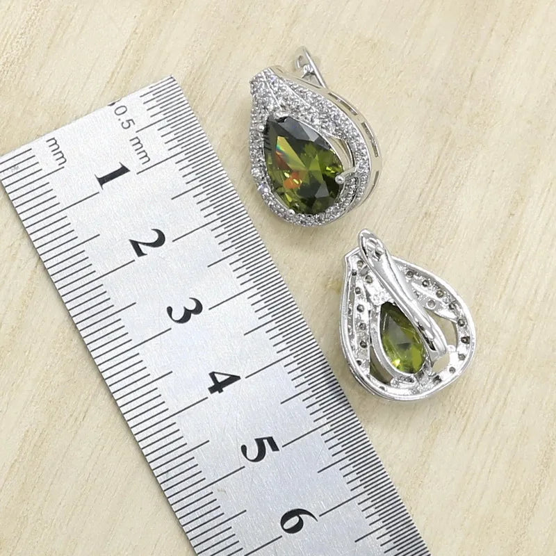 New Green Peridot Zircon Silver 925 Jewelry Set Women Bracelet Earrings Necklace Pendant Ring Birthday
