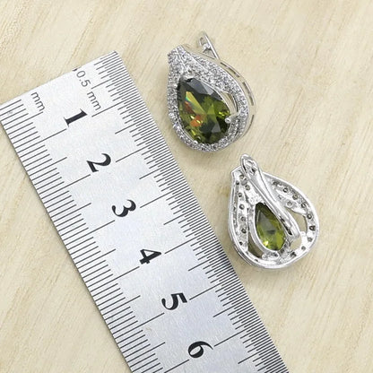 New Green Peridot Zircon Silver 925 Jewelry Set Women Bracelet Earrings Necklace Pendant Ring Birthday
