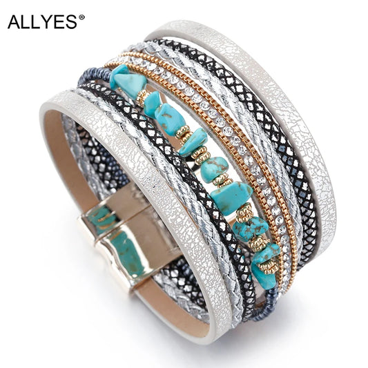 ALLYES Natural Stone Leather Bracelets for Women Luxury Brand Femme Boho Style Wide Multilayer Wrap Bracelet Female Jewelry