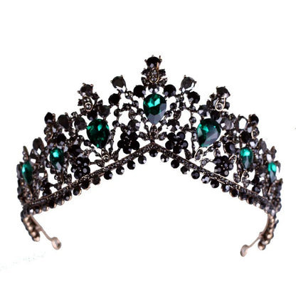 KMVEXO European Green Crystal Tiaras Vintage Black Rhinestone Pageant Crown Baroque Bridal Wedding Hair Jewelry Accessories