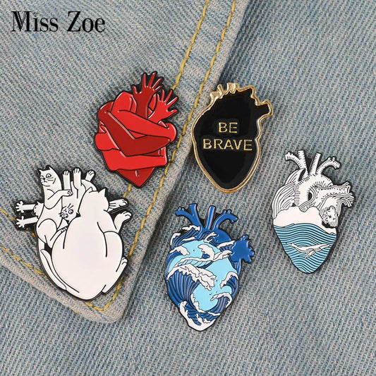 Heart Enamel Pin Starry Heart Brave Cats Bloodthirsty Hug Brooches Bag Clothes Lapel Pin Badge Jewelry