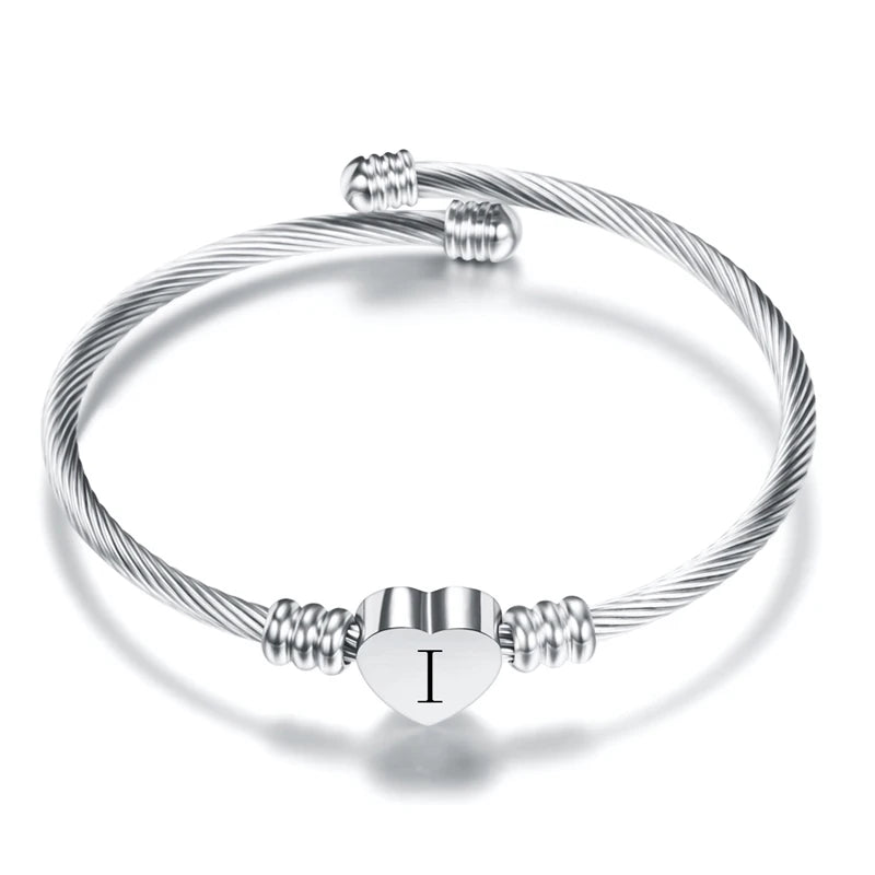 Heart Charm Bangle With Initial Alphabet Letter Engrave High Quality Women Jewelry Cuff Bangles Party
