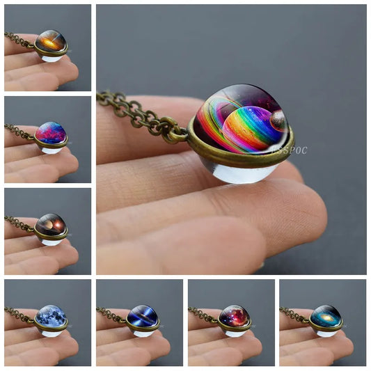 2019 New Glass Ball Galaxy Double Sided Pendant Necklace Universe Planet Jewelry Glass Picture Handmade Statement Necklace