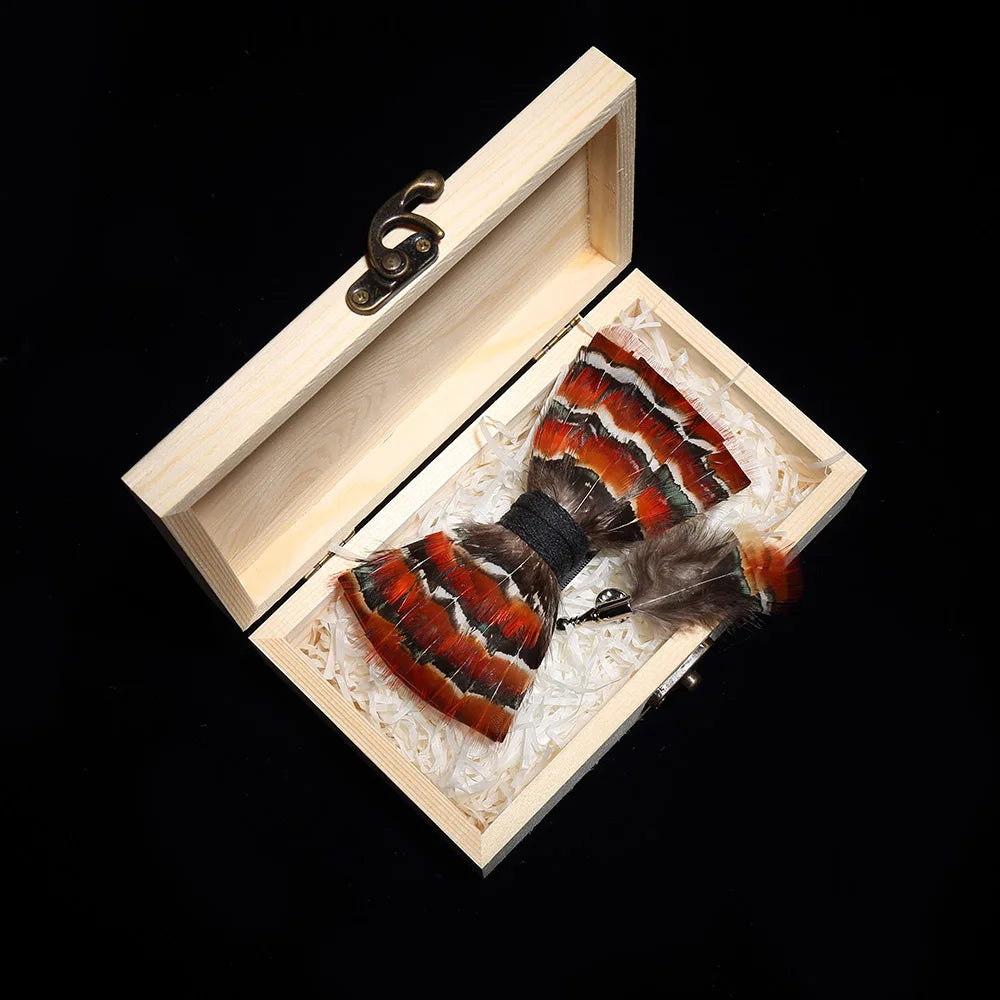 KAMBERFT Design Handmade Feather Bow Tie Brooch Wooden Box Set High Quality Men's Bowtie Leather Tie for Wedding Party Banquet