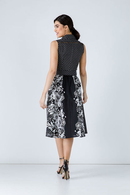 Button Detail Black Print Dress