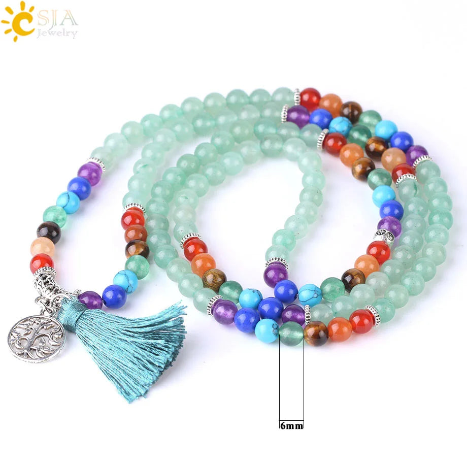 CSJA Women Maxi Long Necklace Natural Mala Gem Stone Bead Tassel 7 Chakra Tiger Eye Pink Quartz Howlite Reiki Boho Necklace E590