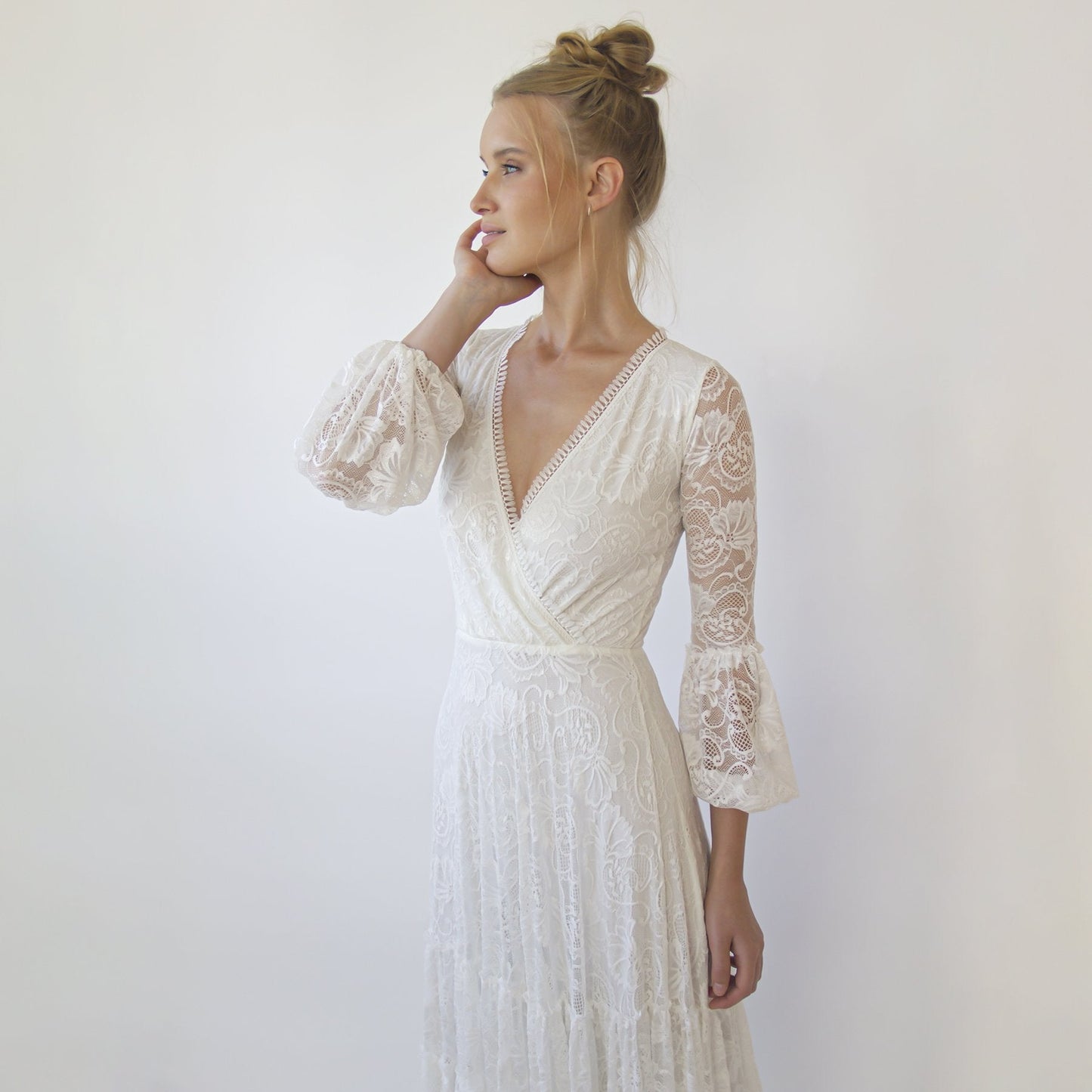 Bestseller Gipsy Layered Boho Lace Wedding Dress, Puffy Bracelet Sleeves #1365