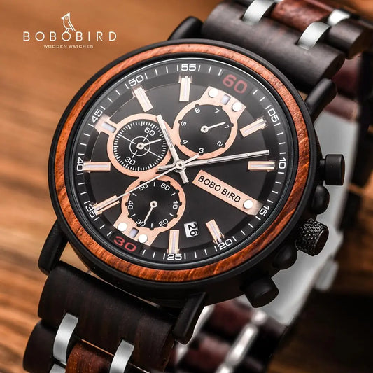 BOBO BIRD Wooden Watch Men Top Brand Luxury Stylish Chronograph Military Watches Wooden Box Logo Custom Great Reloj Hombre