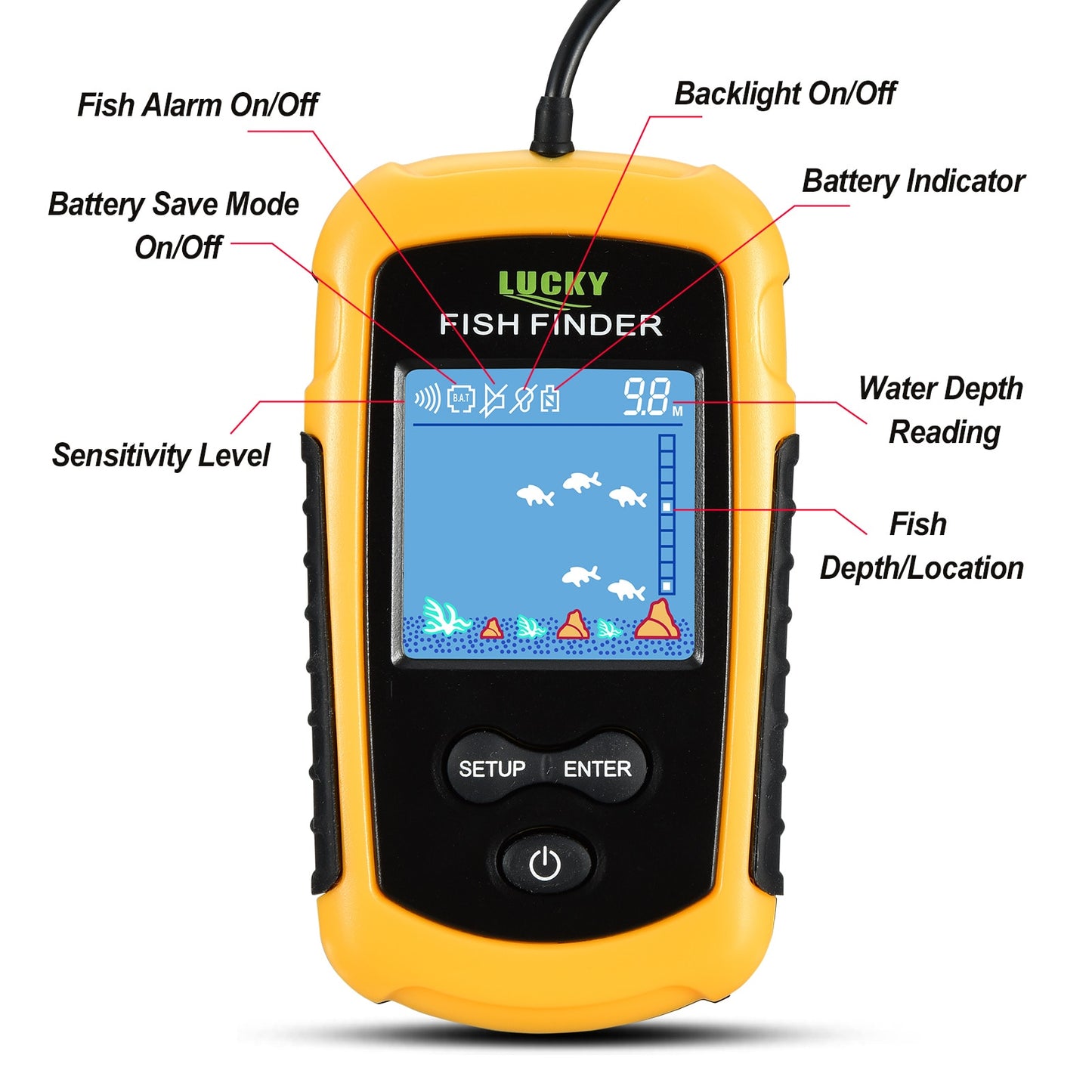 FFC1108-1 Alarm 100M Portable Sonar Fish Finders 45 Degrees Sonar Coverage Echo Sounder Alarm Transducer Lake Sea Fishing