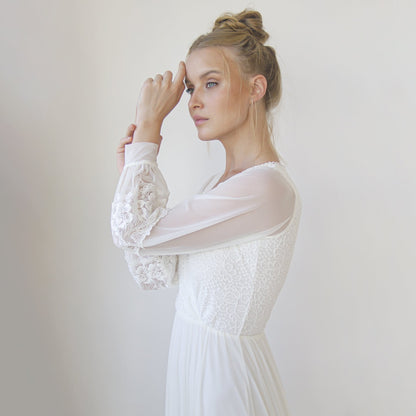 Bestseller Ivory Wrap Lace Wedding Dress With Chiffon Mesh Sleeves #1352
