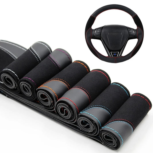 O SHI CAR 38cm DIY Steering Wheel Cover Wear-Resistant Soft PU + Suede Leather Car Steering-Wheel Braid With Needles Thread