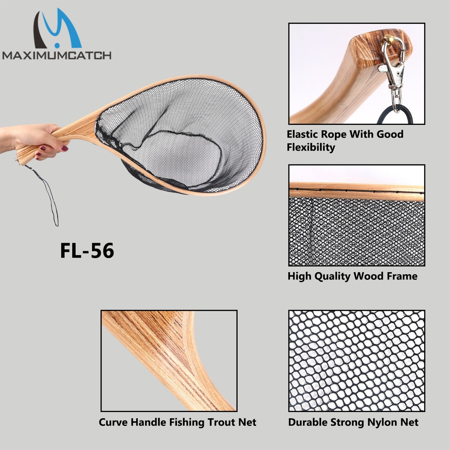 Maximumcatch Fly Fishing Landing Net Nylon Trout Catch and Release Net With Curve Wood Handle Tenkara Net