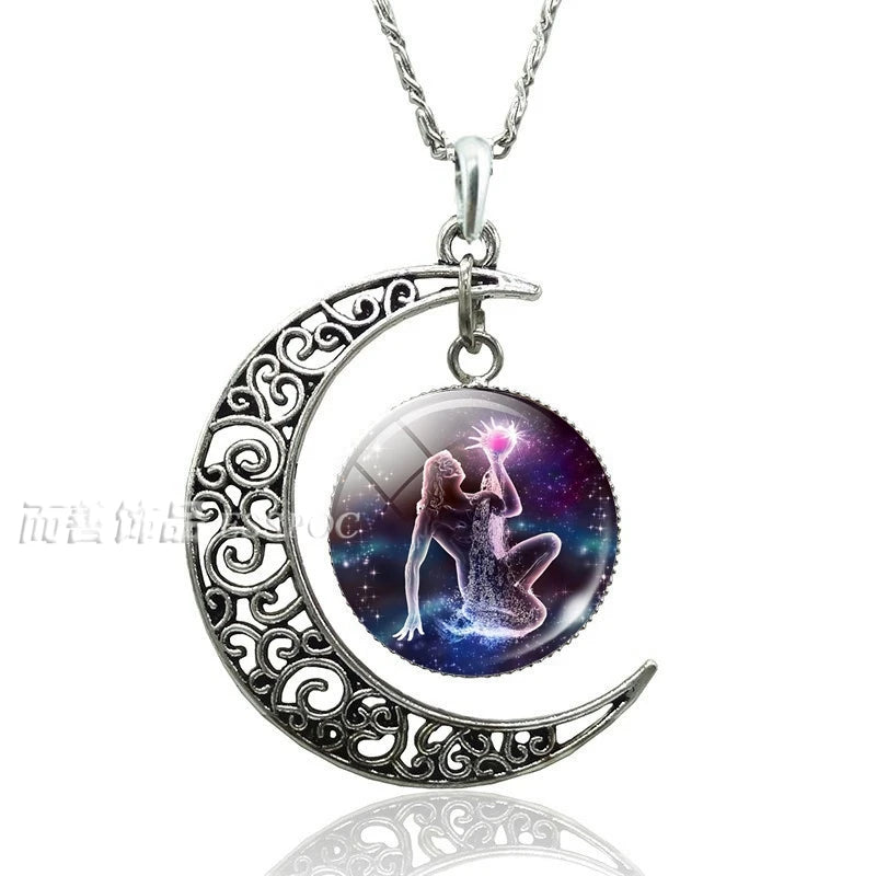12 Constellation Crescent Moon Necklace Zodiac Sign Glass Jewelry Pendant Aries Gemini Cancer Leo Women Birthday