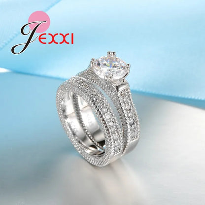 925 Stamped Silver Needle Ring Sets 2 PCS Bijoux Full African AAA Crystal Heart Stone Rings Romantic Wedding Best Chioce
