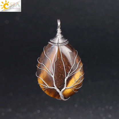 CSJA Natural Stone Pink Quartz Necklace & Pendant Silver-Color Tree of Life Wire Wrapped Water Drop Shape for Women Jewelry F122