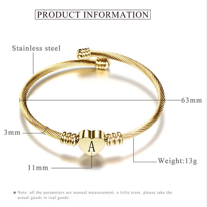 Girls Gold Color Stainless Steel Heart Bracelet Bangle With Letter Initial Alphabet Charms Bracelets for Women