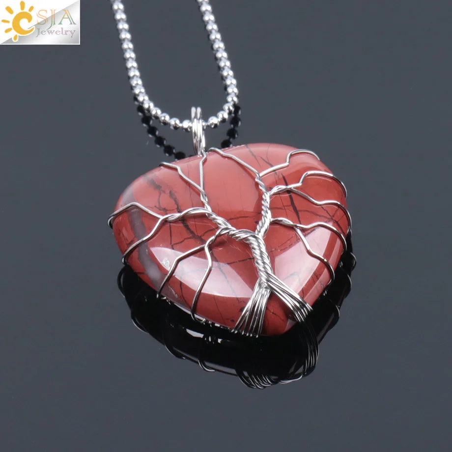 CSJA Tree of Life Wire Wrapped Love Heart Necklace & Pendant Suspension Natural Gem Stone Tiger Eye Pink Quartz Black Onyx F053