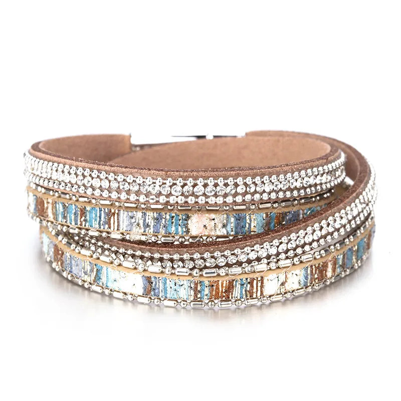 ALLYES Women Leather Bracelet Czech Crystal Vintage Boho Multiple Layered Bohemian Double Wrap Bracelet Femme Jewelry