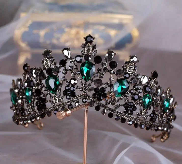 KMVEXO European Green Crystal Tiaras Vintage Black Rhinestone Pageant Crown Baroque Bridal Wedding Hair Jewelry Accessories
