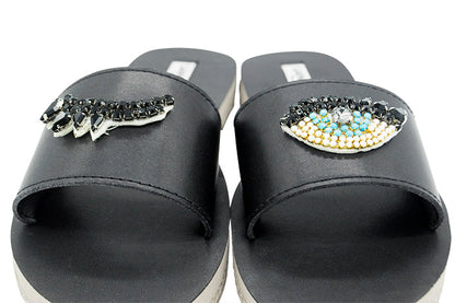 Eyes- Waterproof Espadrille Flat Black and Blue Rhine Stone Beads Embellished