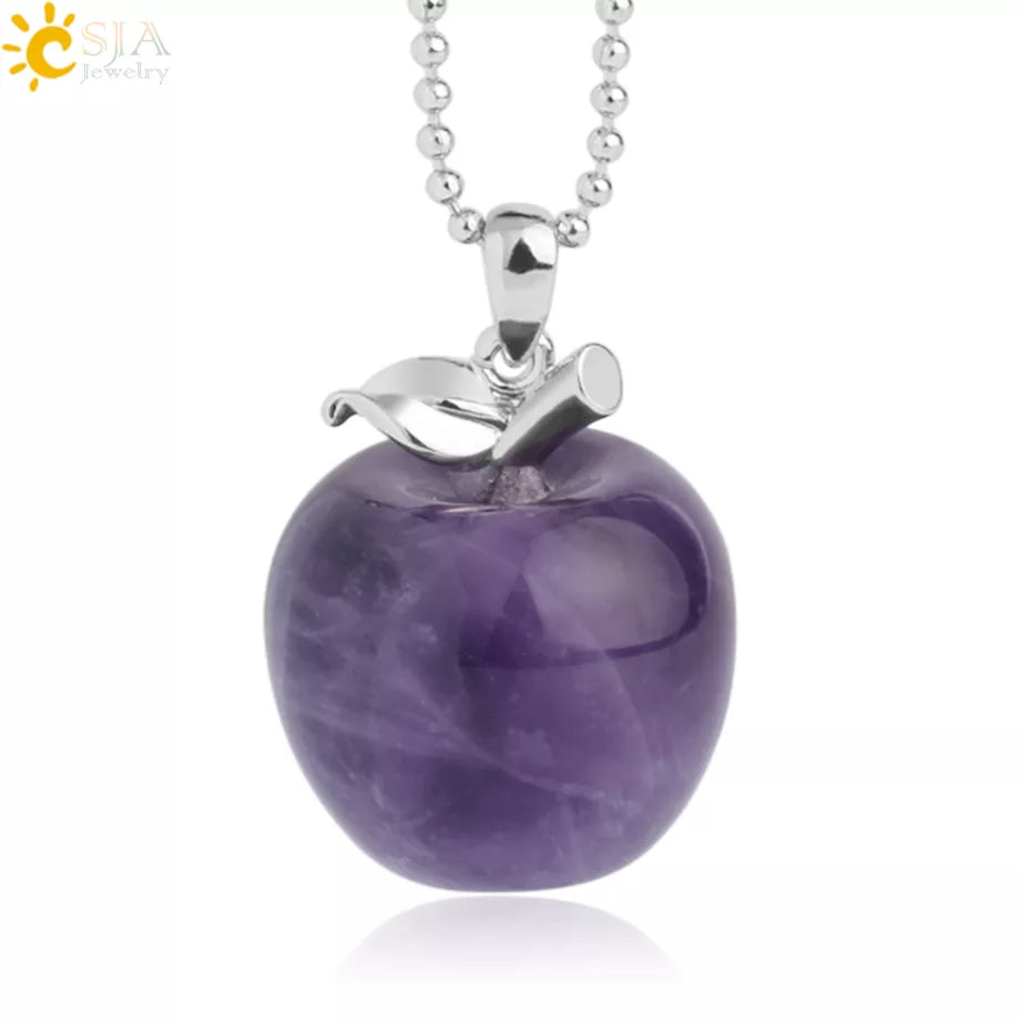 CSJA Apple Natural Stone Pendant Crystal Amethysts Pendants Rose Pink Quartz Necklaces Jewelry for Female Women Chrismtas G046