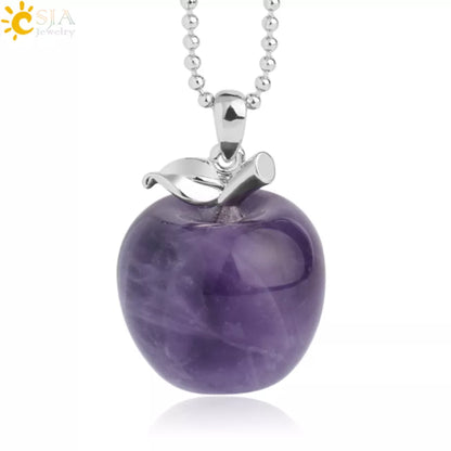 CSJA Apple Natural Stone Pendant Crystal Amethysts Pendants Rose Pink Quartz Necklaces Jewelry for Female Women Chrismtas G046