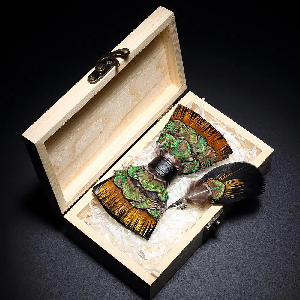 KAMBERFT Design Handmade Feather Bow Tie Brooch Wooden Box Set High Quality Men's Bowtie Leather Tie for Wedding Party Banquet