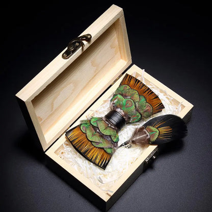KAMBERFT Design Handmade Feather Bow Tie Brooch Wooden Box Set High Quality Men's Bowtie Leather Tie for Wedding Party Banquet