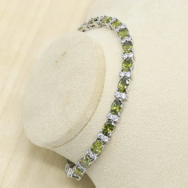 New Green Peridot Zircon Silver 925 Jewelry Set Women Bracelet Earrings Necklace Pendant Ring Birthday