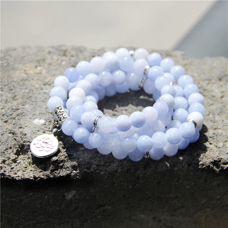 108 Mala Aquamarines With Lotus OM Buddha Charm Yoga Bracelet or Necklace for Me Women Blue Natural Stone Jewelry