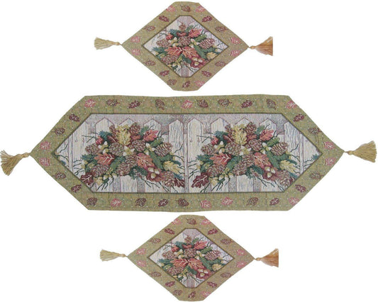 DaDa Bedding Set of 3-Pieces Table Runners - Festive Holiday Fiesta Floral Botanical Beige Woven Tapestry Dining Mats Sc