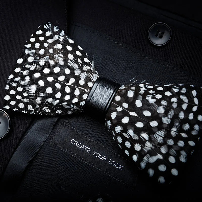 KAMBERFT Designer Brand Handmade Feather and Leather Pre-Tied Bow Tie and Brooch Sets for Men Wedding Party Best Cravate