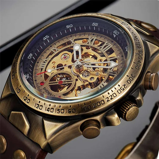 Men Watch Skeleton Automatic Mechanical Male Clock Top Brand Luxury Retro Bronze Sport Military Wristwatch Relogio Masculino