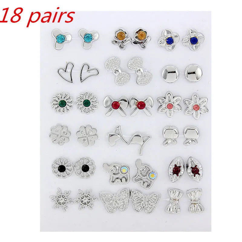 36Pairs/18pairs Earrings Mixed Styles Rhinestone Sun Flower Geometric Animal Plastic Stud Earrings Set for Women Girls Jewelry